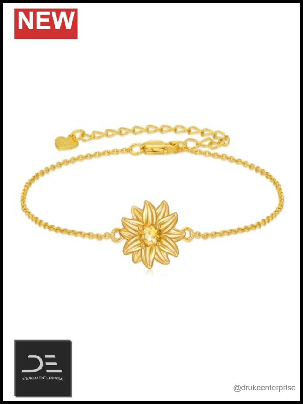 925 Sterling Silver Gold Plated Sunflower Adjustable Link Bracelet Citrine